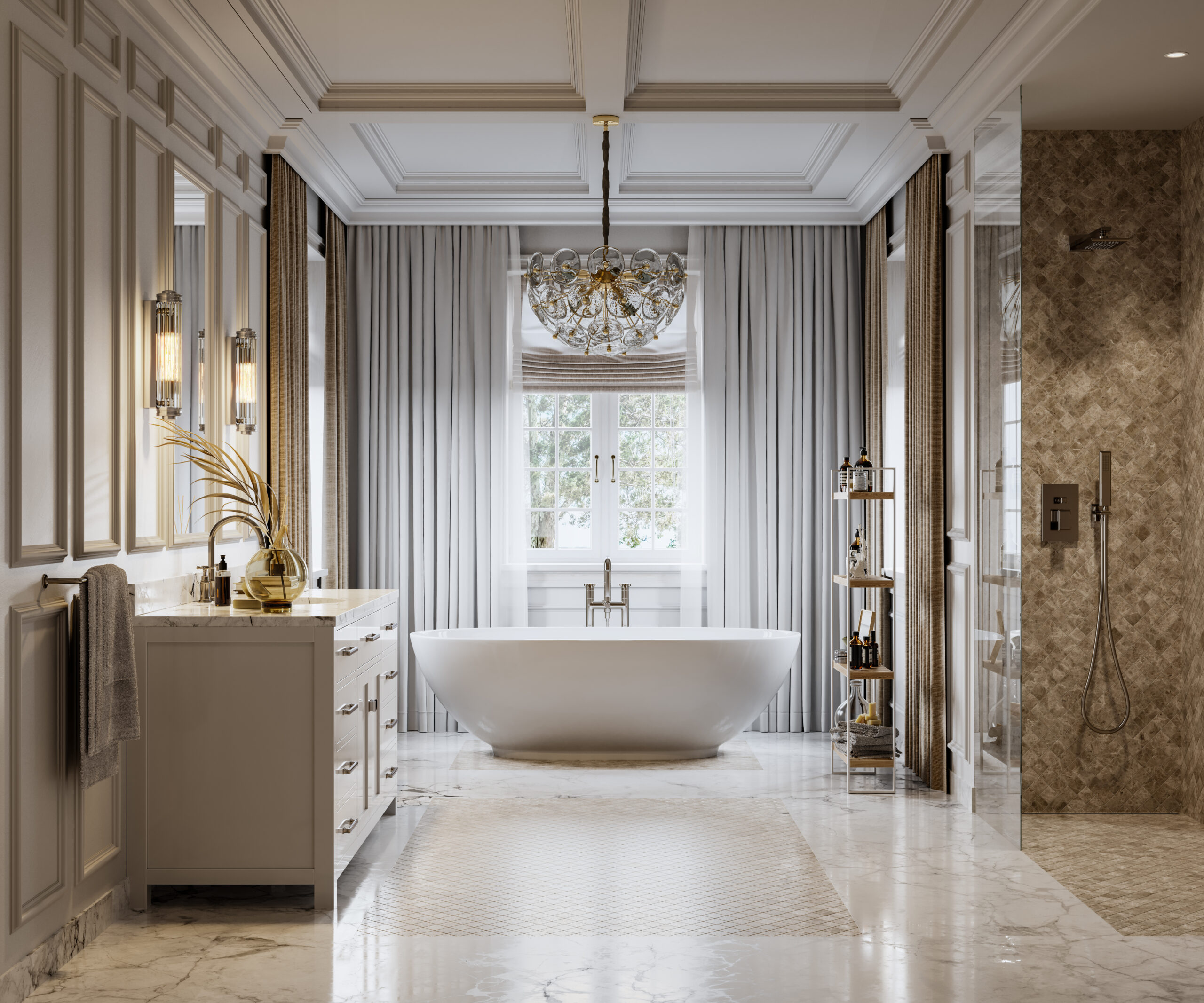 Full view of a beautiful bathroom from a digitally generated image